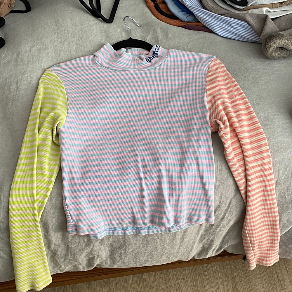 Teddy Fresh Pastel Striped Mock Neck Top - Pink & Mint